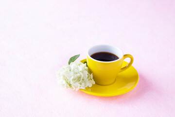 コーヒーと真っ白なオオデマリ（ジャパニーズ・スノーボール（Japanese snowball））（ピンクバック）