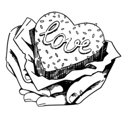 Small heart-shaped cake in hands. Sweet little dessert, cute, romantic, tasty holiday present. Hand drawn vector illustration in retro style. Outline clipart isolated on white.