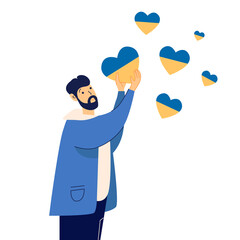 Stop the war in Ukraine. Man with a heart in Ukrainian colors. Support and fundraising for migrants. Volunteering, help and donations for peace in Ukraine. Isolated. Flat vector illustration.