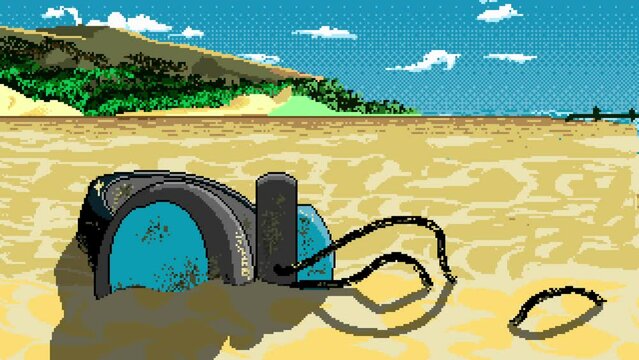 Cartoon animation of Headphones on the beach sand with mountain in the background. Headphone on the beach at relax time