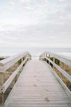 Boardwalk to Carolina Beach with wet footprints