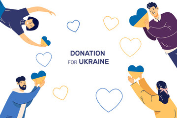 Poster with people for donations to Ukraine on a white background. Support Ukraine. Ukraine vector poster. Ukrainian flag. A heart.