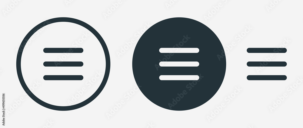 Fototapete Website navigation hamburger menu icons set. Flat website menu icons with rounded and sharp edges. Mobile app menu icons vector set of UI UX design elements. App burger icons. Stock vector EPS10.