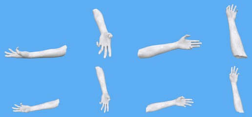 Set of white concrete statue hand renders isolated on blue, lights and shadows distribution example for artists or painters - 3d illustration of objects