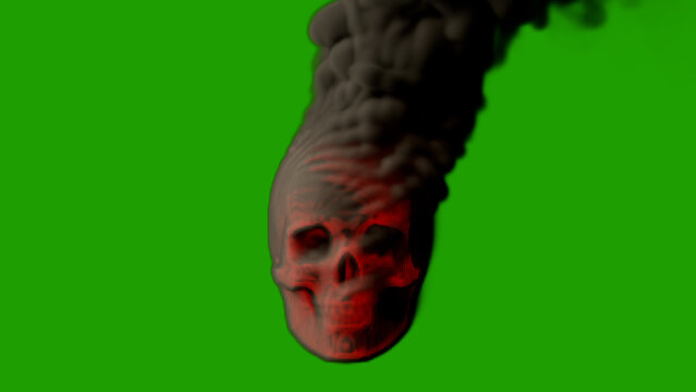Grey scary burning man skull on chroma key screen with fire - war concept, isolated - object 3D rendering