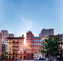 Historic buildings on Hudson Street in the Tribeca neighborhood of Manhattan in New York City - obrazy, fototapety, plakaty