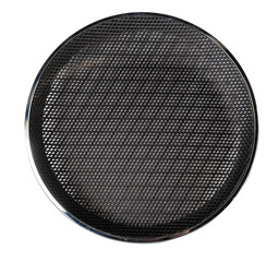 Stylish car audio acoustic round speaker with waffle grill protector cover on white background closeup. Auto spare parts catalog - obrazy, fototapety, plakaty