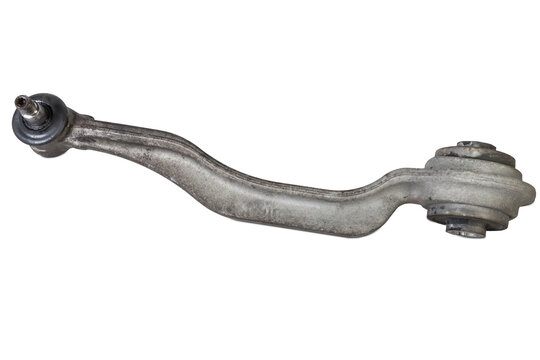 Curved metal chassis arm lever with ball and rubber-metal joint with bushings - silent block on a white isolated background. Detail for suspension repair in a workshop or garage