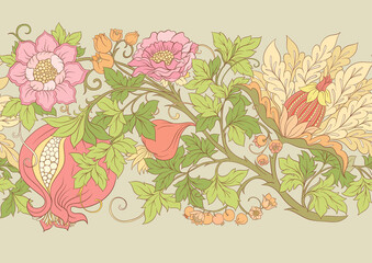 Fantasy flowers in retro, vintage, jacobean embroidery style. Seamless pattern, background. Vector illustration.
