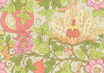 Fantasy flowers in retro, vintage, jacobean embroidery style. Seamless pattern, background. Vector illustration.