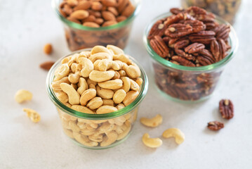 roasted cashew nut in glass bowl on white table background.