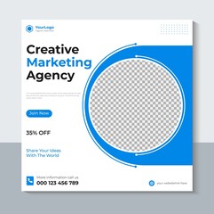 Modern Social Media Post Template, Creative Marketing Agency Banner Design, Web Banner, Facebook Post, Instagram Post, Blue Color