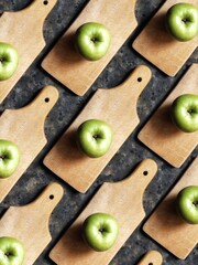 Pattern of green apple on wooden cutting board on black concrete background. Granny smith. Spring fruits background.