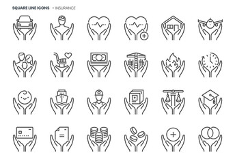 Insurance related, pixel perfect, editable stroke, up scalable square line vector icon set.