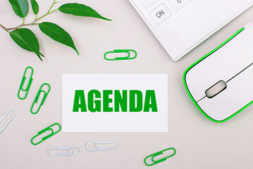 On a light background, a white calculator, a computer mouse, green paper clips, a green plant and a white blank sheet with the text AGENDA. Flat lay.