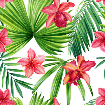 Tropical palm leaves, orchid and plumeria flowers, watercolor botanical illustration. Seamless patterns.