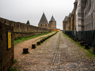 Fototapeta na wymiar imagen de una calle en el Castillo de Carcassonne un día nublado