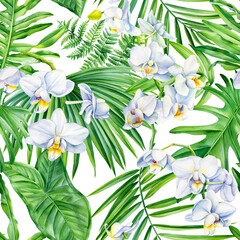 Fototapeta na wymiar Tropical leaves and Orchid flowers, jungle wallpaper. Watercolor floral illustration. Fashionable Seamless patterns. 