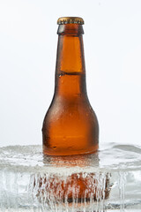 botella de cerveza congelada en un cubo de huielo sobre fondo blanco
