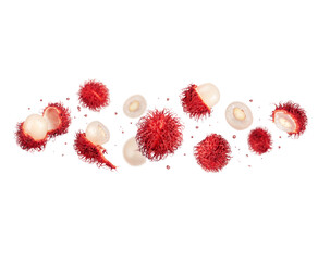 Whole and chopped rambutan fruits in the air on a white background