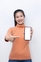 Woman Show Mobile Phone Screen with Blank Copy Space