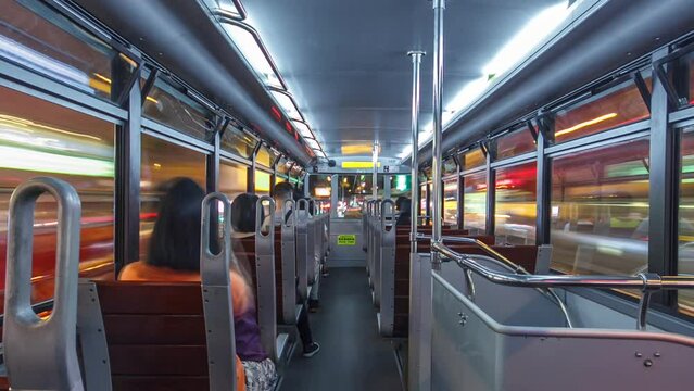 View inside double-decker tram on street of HK timelapse hyperlapse.