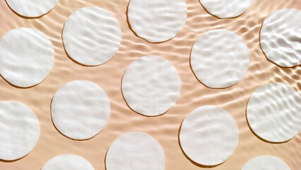 Waves flowing on water surface and making ripples over cotton pads arranged in rows on beige background | makeup background, make-up remover commercial