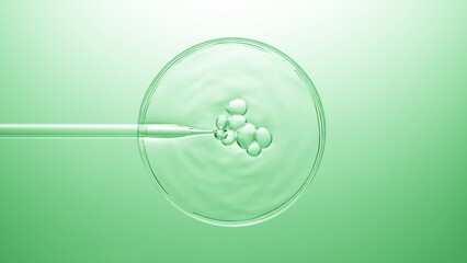Top view shot of air bubbles coming out from lab dropper and floating on the surface of clear fluid...