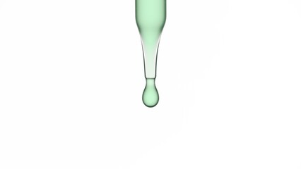 Drop of green transparent fluid is hanging from lab dropper on white background | Abstract face care serum ingredients formulation concept