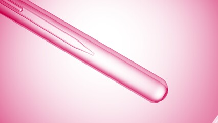 Inclined test tube with transparent liquid and lab dropper inside on pink radial gradient background | Abstract body care cosmetics formulation concept