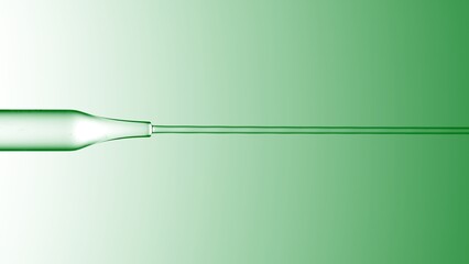 Macro shot of transparent liquid is flowing from chemical dropper on green background | Abstract skin care serum ingredients formulation concept