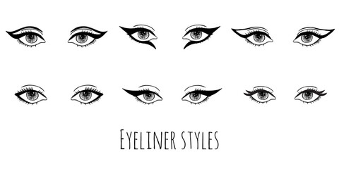 Collection of eyeliner styles. Beauty concept. Various application of eye make-up for everyday, festival of stage. - obrazy, fototapety, plakaty