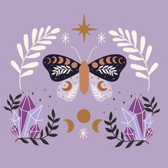 Composition of mystic moth. Decorated with magic elements, flowers, moons and stars.