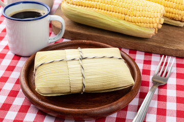 Pamonha, typical brazilian corn food. June festival food with coffee