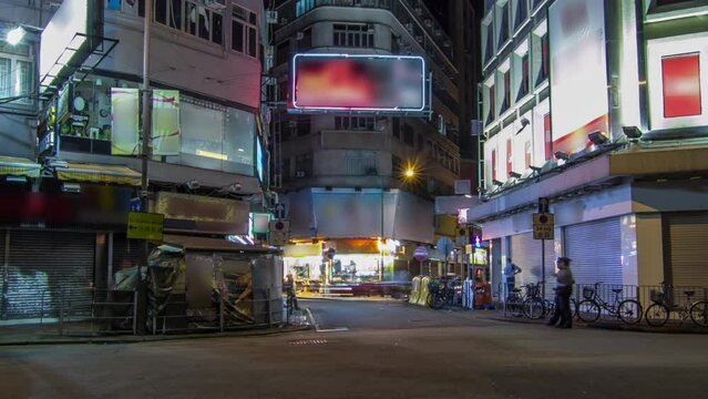 Neon lights on Tsim Sha Tsui street timelapse with traffic.
