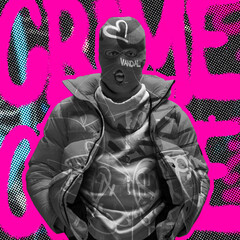 Contemporary art collage. Black and white man wearing balaclava isolated over gray background with pink crime lettering - obrazy, fototapety, plakaty