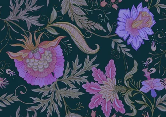 Foto op Plexiglas anti-reflex Fantasy flowers in retro, vintage, jacobean embroidery style. Seamless pattern, background. Vector illustration. © Elen  Lane