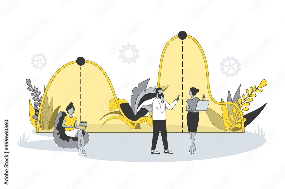 Poster Data analytics concept in flat line design. People research statistics and financial graph, work with information, improvement and optimization strategy. Vector illustration with outline scene for web