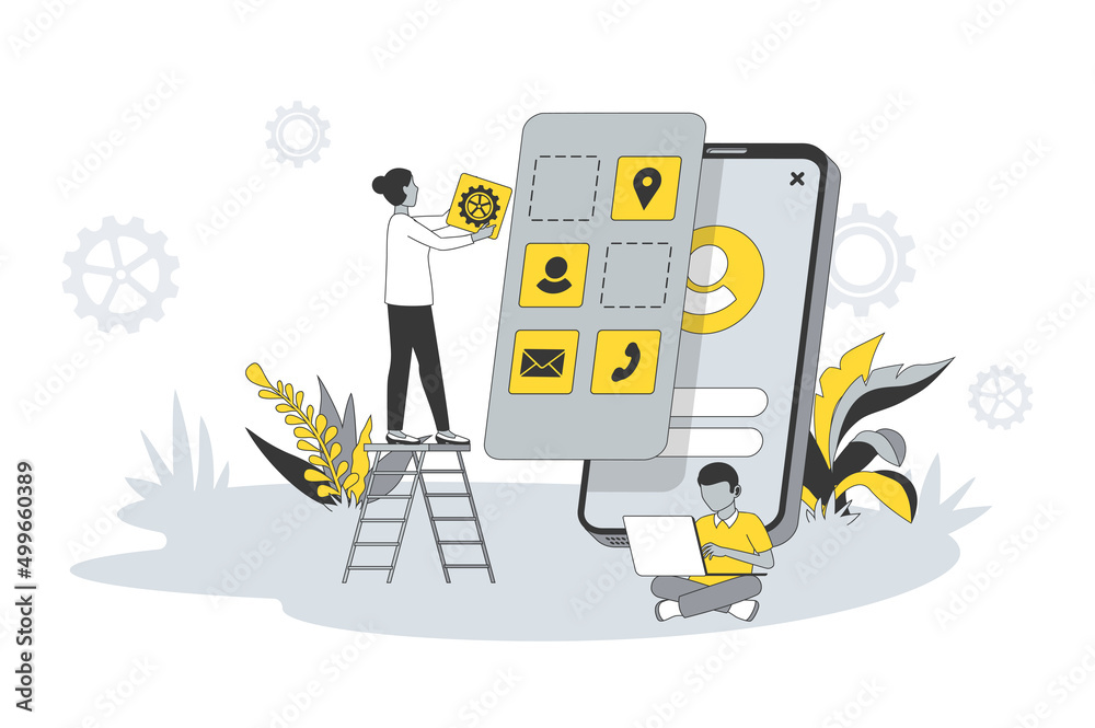 Fototapete App development concept in flat line design. People create and optimize applications, place multimedia buttons on interface layout, settings software. Vector illustration with outline scene for web