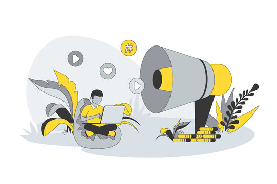 Advertising and promotion concept in flat line design. People networking and seeing online advertisement, broadcasting and promotion in social media. Vector illustration with outline scene for web