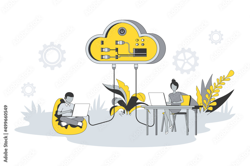 Poster Cloud computing concept in flat line design. People upload files to cloud storage, processing data, create backups, using database and hosting server. Vector illustration with outline scene for web