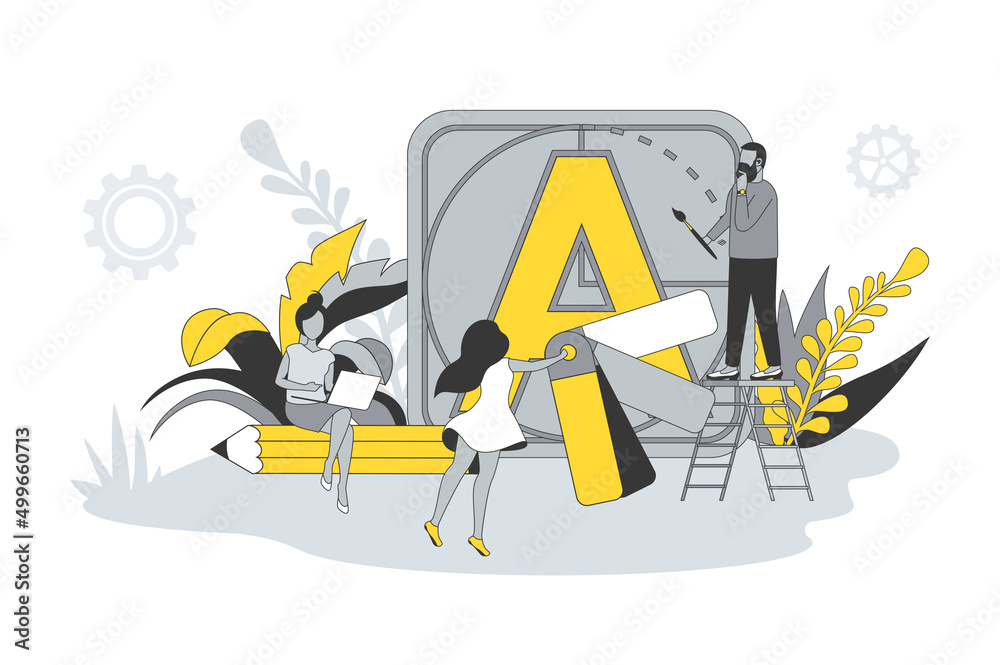 Poster Designers team concept in flat line design. People working on creative project, creating font, choosing color palette and drawing graphic elements. Vector illustration with outline scene for web