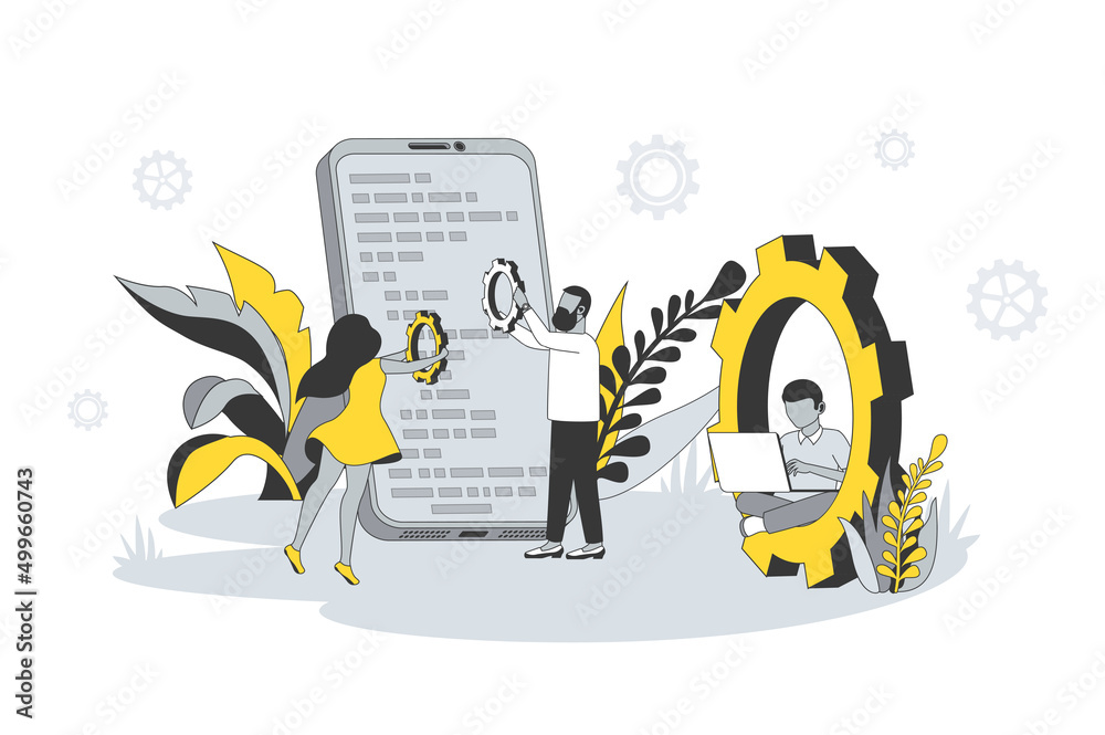Fototapete Team developing apps concept in flat line design. People settings and optimize mobile phone applications, write and test code, engineering programs. Vector illustration with outline scene for web