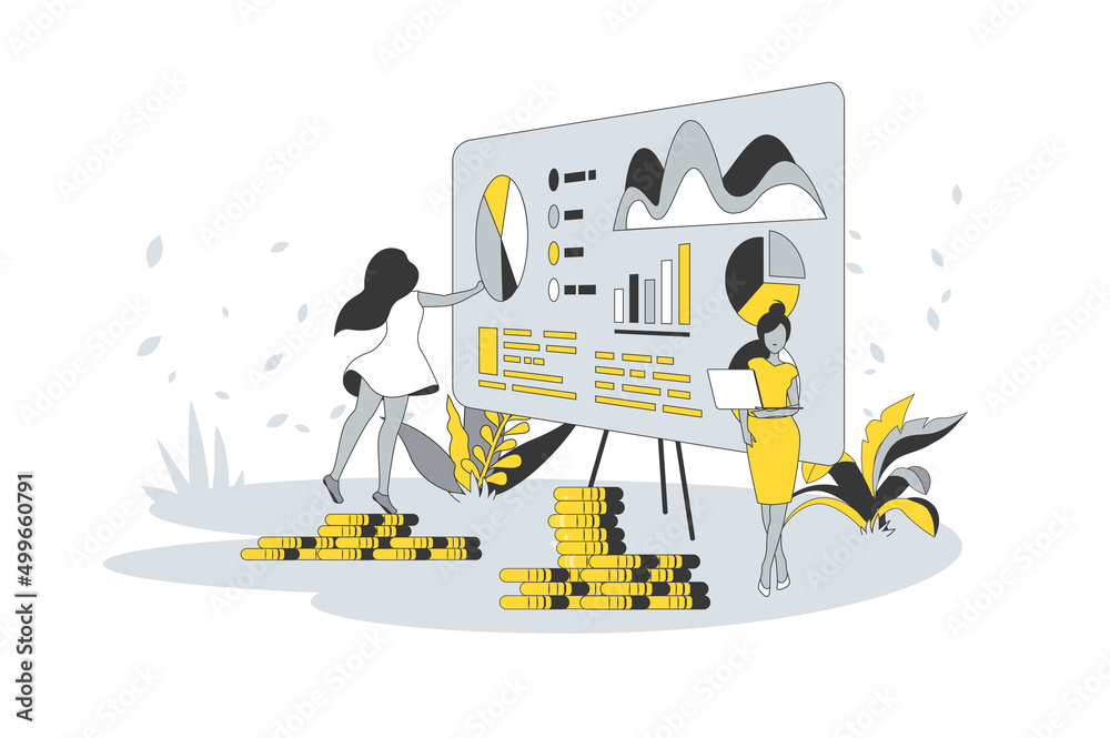 Poster economic report concept in flat line design. people analyzing financial charts and graphs, planning 