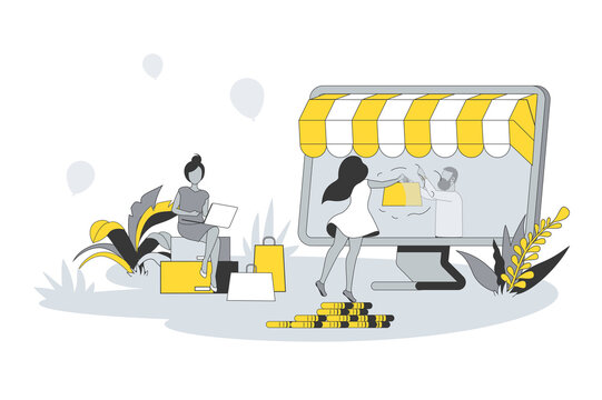 recommend clip art: E-commerce and online shopping concept in flat line design. People make purchases using store website, choose goods, pay online and receive orders. Vector illustration with outline scene for web