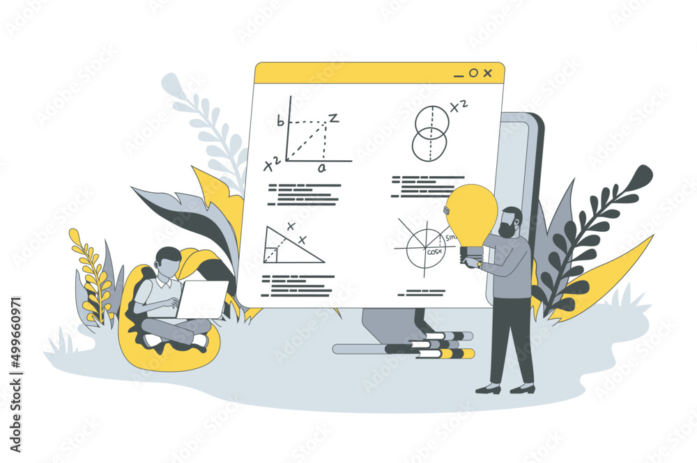 Poster Online education concept in flat line design. People learning online lessons and watch webinars, study remotely, improve professional skills at training. Vector illustration with outline scene for web