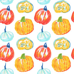 Seamless autumn pattern drawn in wax crayons on white background. Textural, Thanksgiving Day oil pastel print in a kid's doodle style. Designs for textiles, social media, wrapping paper, packaging.