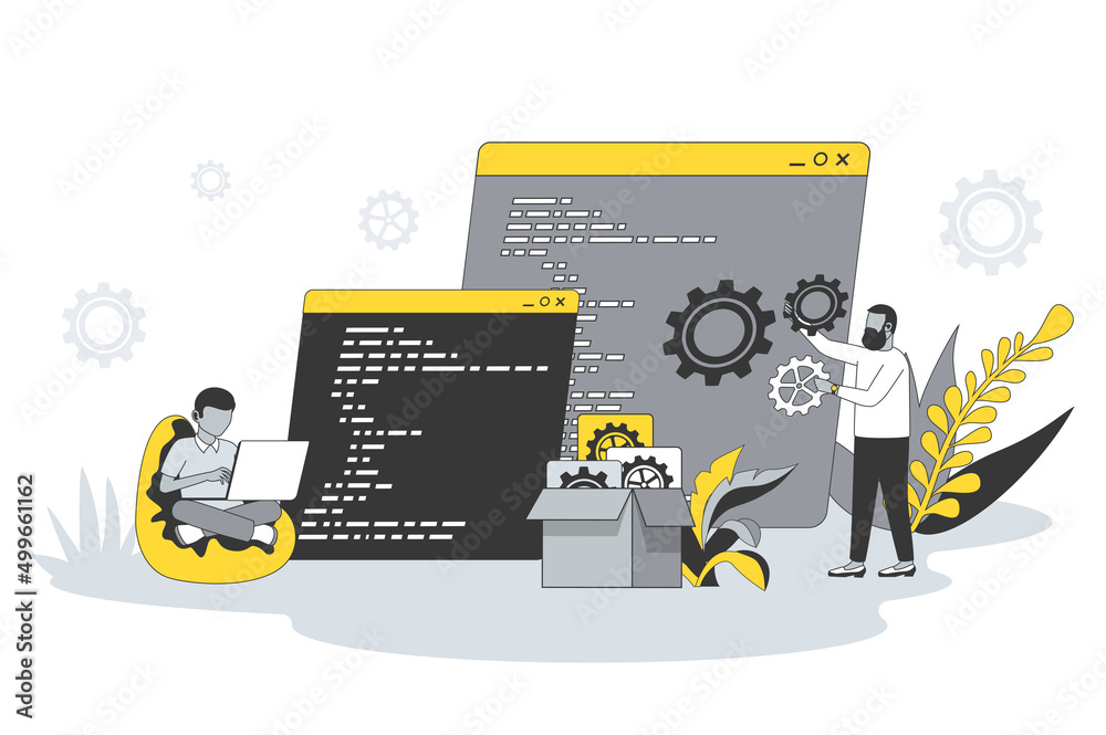 Poster Software development concept in flat line design. People write code, settings and testing, developing programs and applications, working at IT industry. Vector illustration with outline scene for web