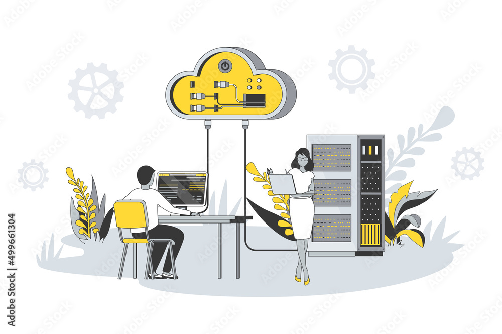 Aufkleber web hosting concept in flat line design. people working at data center server, using cloud technolog