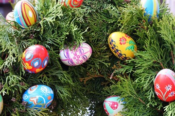 Ostern, Ostereier, Osterschmuck, Thuja, bunte Eier, Eier